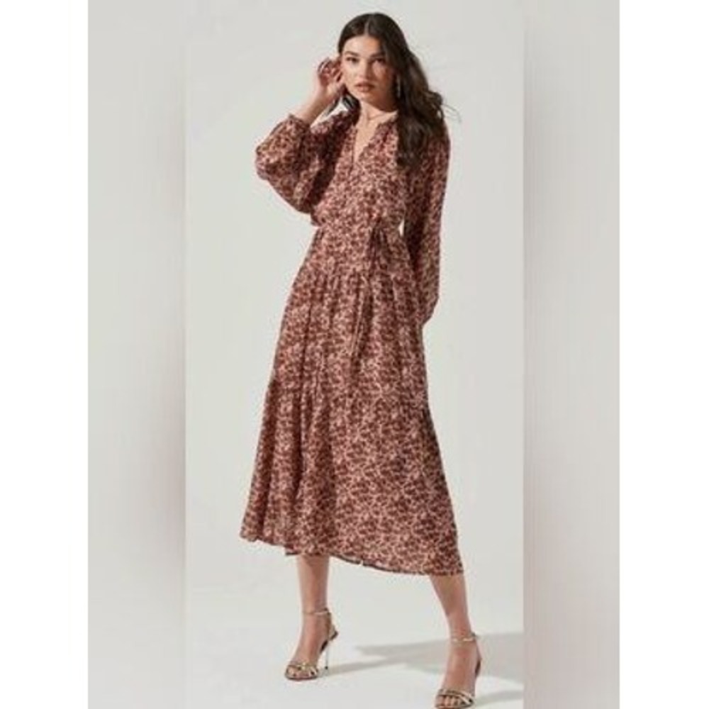 ASTR The Label Floral Tiered Midi Dress Brown Pink Long Sleeve Button Front S